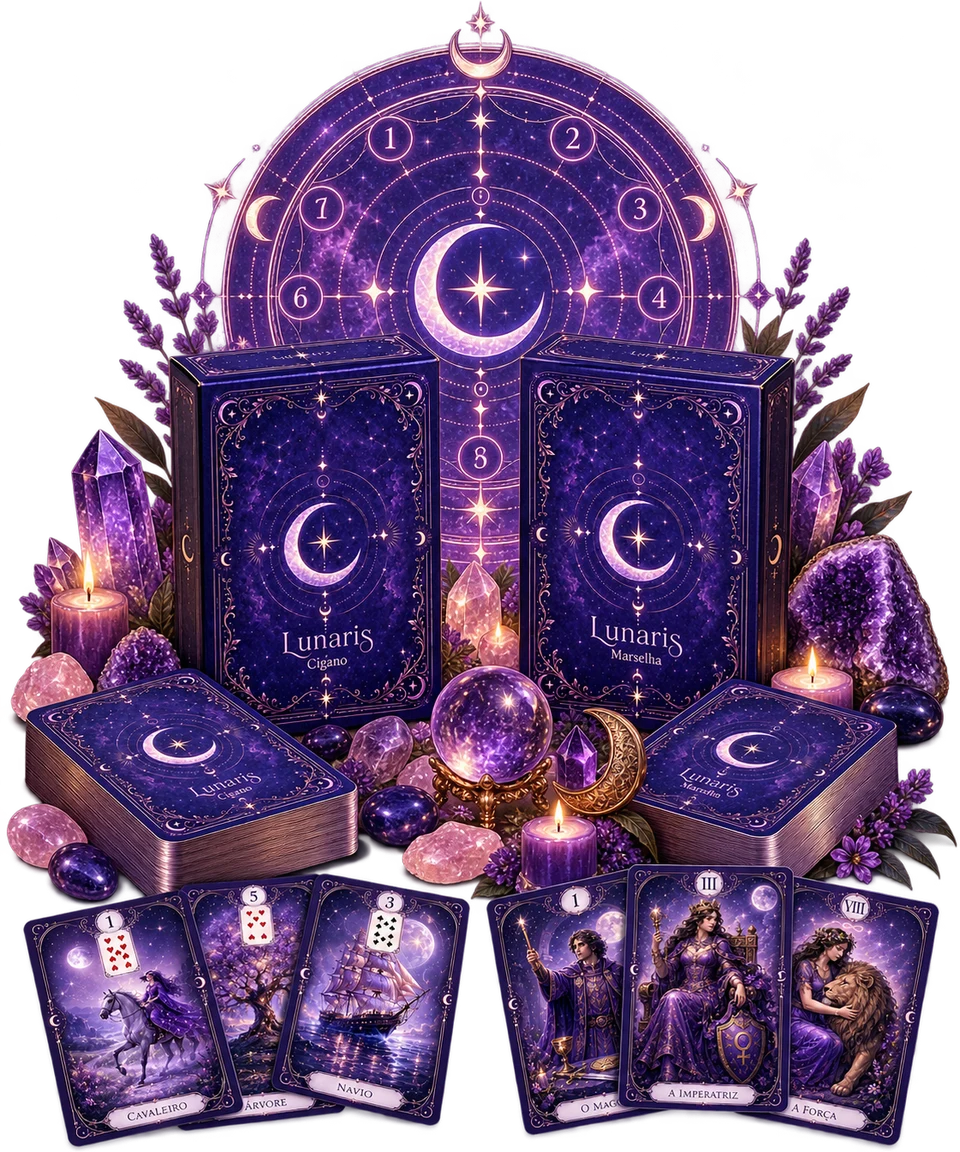 Os baralhos da Lunaris — Cigano e Marselha — com cristais e velas